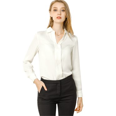 INSPIRE CHIC Chemises Élégantes pour Femmes Col en V Col Pointu Manches Longues Blouse Satin Lisse S Blanc