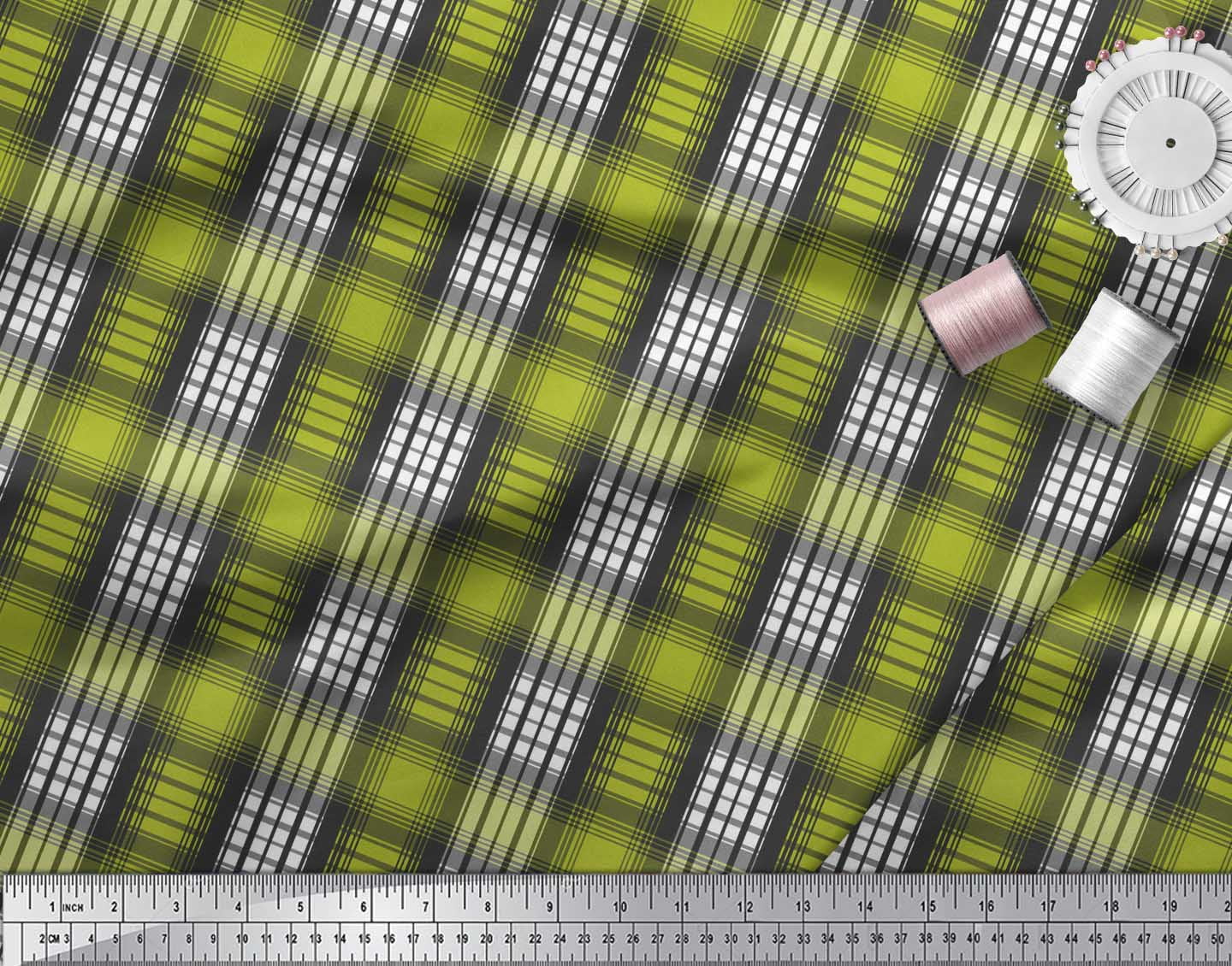 Soimoi Green Velvet Fabric Plaid Check Printed Craft Fabric by the Yard 58 Inch Wide