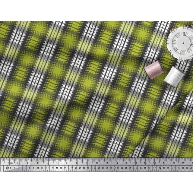 Soimoi Green Modal Satin Fabric Plaid Check Print Fabric by the Yard 42 Inch Wide