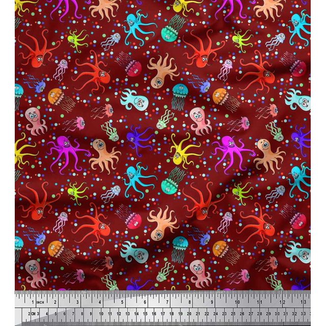 Soimoi Poly Georgette Fabric Dot,Octopus & Jellyfish Ocean Print Fabric by The Yard 52 Inch Wide