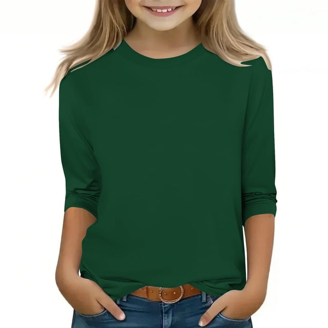 Plebaso Garçons Filles T-Shirts à Manches 3/4 Col Rond Blouse T-Shirt Basique Hauts Décontractés Unis T-Shirts Légers