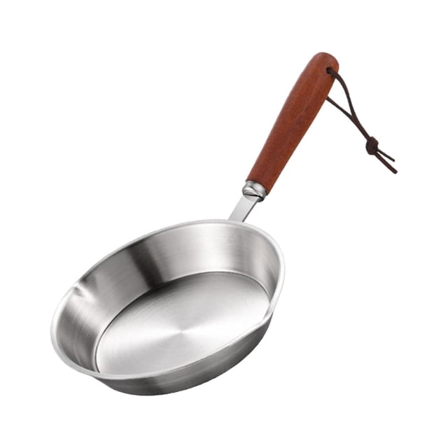 Luzkey Kitchen Stainless Steel Fry Pan with a nonstick coating surface, featuring a round flat bottom and an ergonomic wooden handle with a hanging loop. Ideal for melting butter, frying eggs, or making omelettes. Suitable for gas, electric, and induction stovetops. Small size with a 12cm diameter and 2.5cm depth.