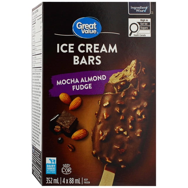 Great Value Mocha Almond Fudge Ice Cream Bars box displaying four chocolate-covered ice cream bars with almond pieces and mocha fudge ice cream inside, accompanied by images of almonds and chocolate chunks, 352 ml total volume, keep frozen.