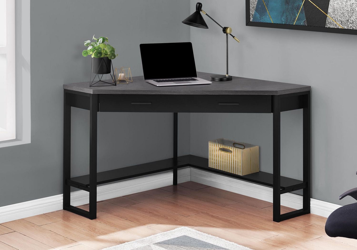 Monarch Specialties Computer Desk, Home Office, Corner, Storage Drawers, 42"l, Work, Laptop, Metal, Laminate, Black, Grey, Contemporary, Modern