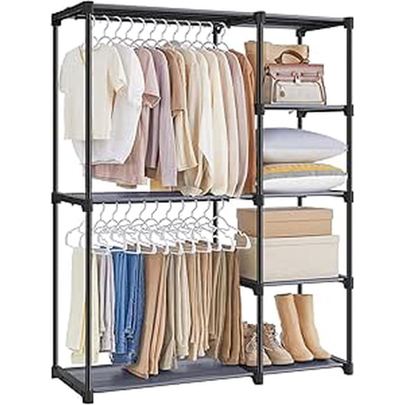 Portable Closet Freestanding Closet Organizer Clothes Rack with Shelves Hanging Rods Storage Organizer for Cloakroom, Bedroom Gray