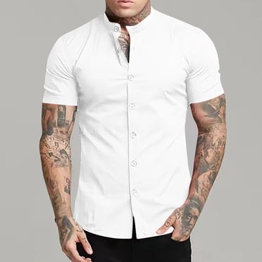 Dvkptbk Men's Fashion Casual Solid Stand Collar Button Short Sleeve Blouse Tops Shirt on Clearance