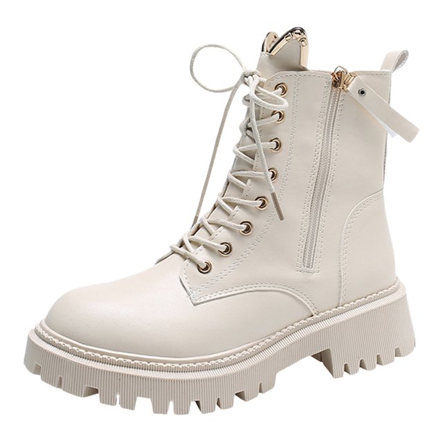 B91xZ Platform Chelsea Boots Comfort Slip-On Waterproof Leather Platform Booties,Beige 6.5