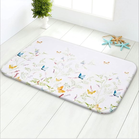 LIVILAN Floral Bath Rug, Flower Bath Mat, Leaf & Butterfly Designs; 24x16 Inches