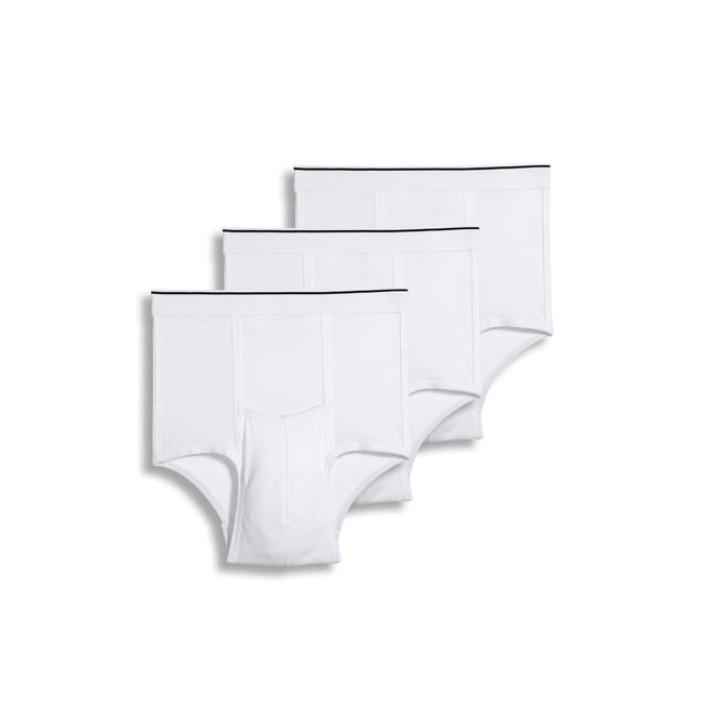 Jockey Men's Pouch Brief - 3 Pack men's underwear featuring a horizontal-fly design for secure fit and comfort. Made with breathable stretch-cotton fabric and a soft elastic waistband, these full-rise briefs provide full coverage and natural movement. Displayed in white with a clean, minimal design.