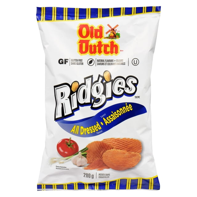 Old Dutch Ridgies All Dressed potato chips bag showing ridged chips with tomato, garlic, and green onion illustrations, gluten free and made with natural flavours and colours, 200 g package with blue and yellow striped accents, ideal for a gluten-free snack.