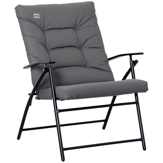 Outsunny Foldable Lounge Chair, Fabric Upholstered Recliner, Outdoor Lounger with Armrest, Metal Frame Camping Beach Chair for Poolside, Deck, Backyard, Grey