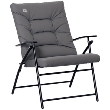 Outsunny Foldable Lounge Chair, Fabric Upholstered Recliner, Outdoor Lounger with Armrest, Metal Frame Camping Beach Chair for Poolside, Deck, Backyard, Grey