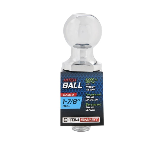 Class I - 1 7/8" Hitch Ball with 1" shank diameter and 3" shank length, chrome plated for corrosion resistance. TowSmart hitch ball supports up to 2000 lb trailer weight and features wrench flats for secure installation in standard ball mounts.