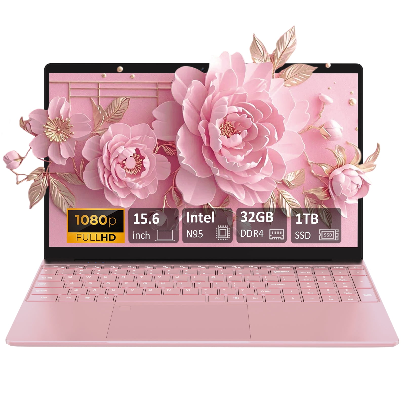 Auusda Portable d'Affaires 15,6 Pouces, 32 Go RAM 1 To SSD, Ordinateurs Windows 11 Pro, Processeur Intel N95, Pink
