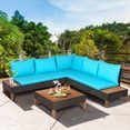 thumbnail image 1 of Gymax 4PCS Acacia Wood Patio Furniture Set Rattan Conversation Set w/ Turquoise Cushions, 1 of 5