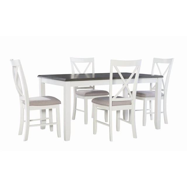 Lander Ensemble de Salle à Manger 5 Pcs, Gris, avec une table Rectangulaire avec Dessus en Placage de Frêne Gris Fumé et base en Hévéa Massif Blanc. Comprend Quatre Chaises à Dossier en X Blanches avec Sièges Rembourrés Gris Pâle Résistants aux Taches. le design Bicolore de style Ferme Offre un style durable pour les Salles à Manger et les Cuisines.