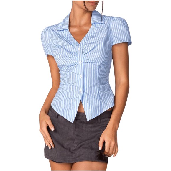 Kaemgyyd Going out Tops for Women Stripes V Neck Button down Tight Shirts Short Sleeve Summer Tops 2025 Trendy Work Blouse