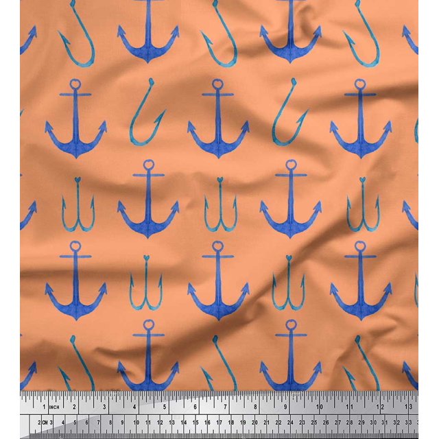 Soimoi Orange Silk Fabric Anchor Hook Nautical Print Fabric by Yard 42 Inch Wide