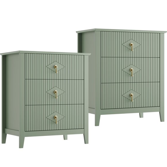 Ensemble d'Armoires de Chevet – Lot de 2 Tables de Bout Modernes à 3 Tiroirs Cannelés – 27,5 Pouces de Large en Bois – Poignées en Métal – Assemblage Facile et Anti-Basculement – Chambre, Salon et Entrée – Noir/gris/blanc