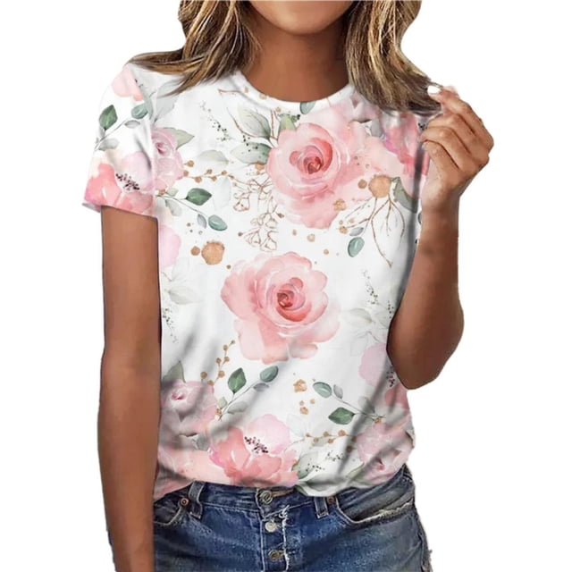 Kcodviy Casual Flower Print Short Womens Blouses Sleeve Crewneck T Shirt Tops for Women Casual Summer Women Plus Size Women Tops and Blouses Long Sleeve Ruffle Shirt