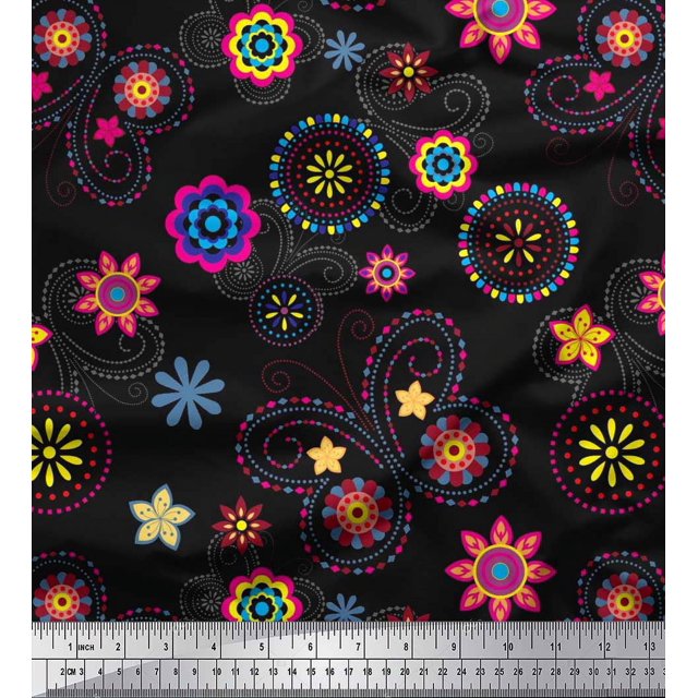 Soimoi Tissu de Coton Noir Imprimé Clipart Insecte & Floral par la Cour 56 Pouces de Large