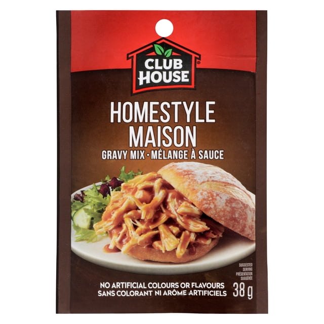 Club House Homestyle Maison gravy mix 38g packet with red and brown packaging, featuring a pulled chicken sandwich with gravy on a white plate and lettuce, a dry sauce and seasoning mix with no artificial colours or flavours.