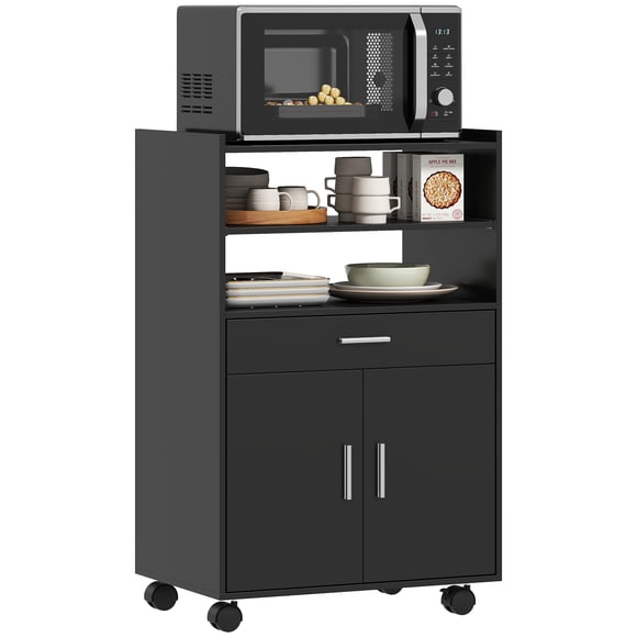 HOMCOM Microwave Cart with Wheels, Microwave Stand with Drawer, Black
