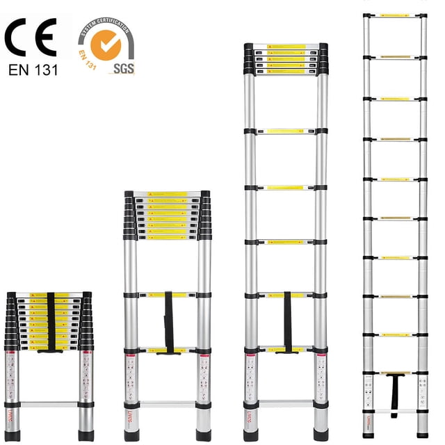 10.5 Ft Portable Aluminum Telescoping Extension Ladder, EN131 certified, ideal for home improvement projects. Features lightweight alloy construction, non-slip rubber feet, and adjustable angle locks. Fully extends to 10.5 ft and folds to 2.6 ft for compact storage, suitable for RVs or small spaces. Supports up to 330 lbs.