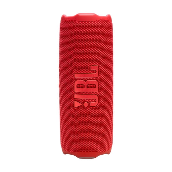 JBL Flip 7 portable waterproof and drop-proof Bluetooth speaker in red with cylindrical textured fabric and vertical JBL logo, delivering durable wireless audio with up to 16 hours playtime and multi-speaker connection, suitable for outdoor and indoor use.