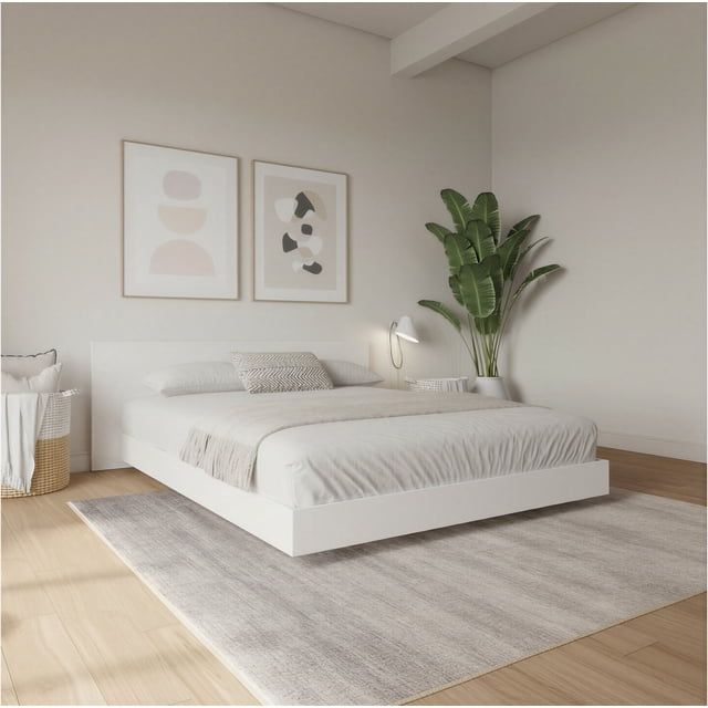 Nexera Satori Low Platform King Bed with Headboard, White Oak low sculptural platform bed frame in engineered wood with white oak woodgrain finish, wide minimalist headboard and low-profile base that supports a mattress without a box spring; ideal for minimalist or coastal bedrooms and suitable for styled guestrooms.