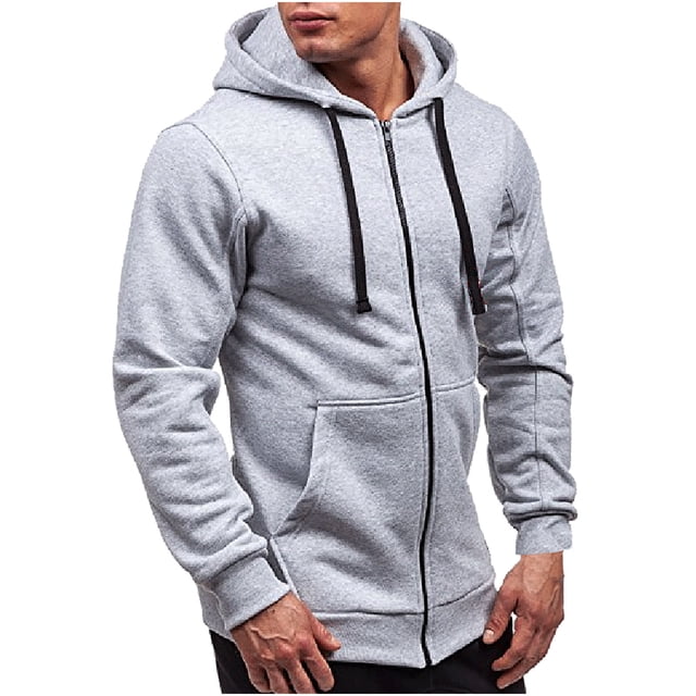 Fankiway New Fashion All-Match Zipper Hooded Sweater Coat Men's Solid Color Cardigan in a light grey shade. This men's hoodie includes a front zipper, adjustable drawstring hood, and front pockets for convenience. Crafted from breathable fabric with a loose, casual fit, it is ideal for spring, autumn, and winter. Displayed in size large with a bust of 110cm (43.31 inches), shoulder width of 48cm (18.90 inches), length of 72cm (28.35 inches), and sleeve length of 68cm (26.77 inches).