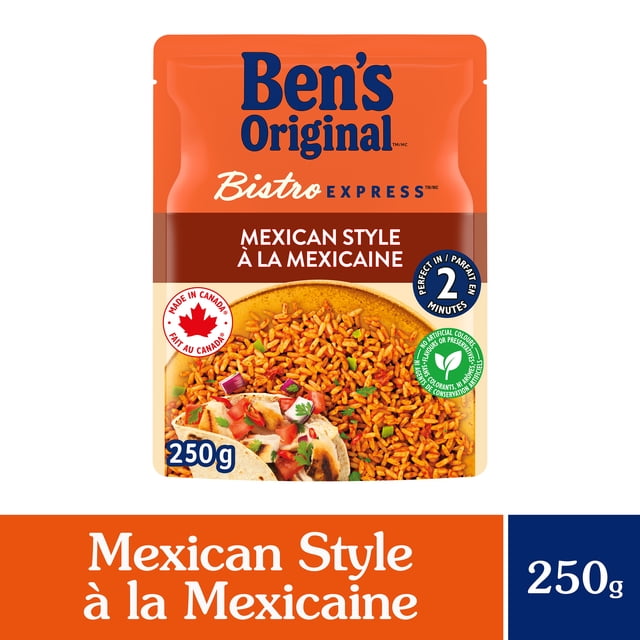 BEN'S ORIGINAL BISTRO EXPRESS Mexican Style Rice Side Dish 250g pouch with microwavable long grain rice seasoned with tomatoes, peppers, herbs, and spices, ready in 2 minutes, made in Canada, suitable as a quick side for burritos or tacos.