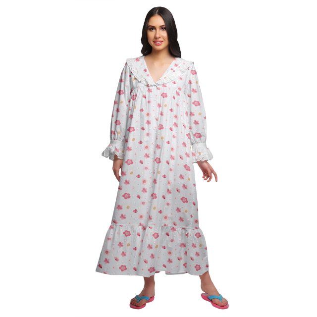 Moomaya Chemise de Nuit Maxi Boutonnée à Manches Longues Imprimée en Coton pour Femmes