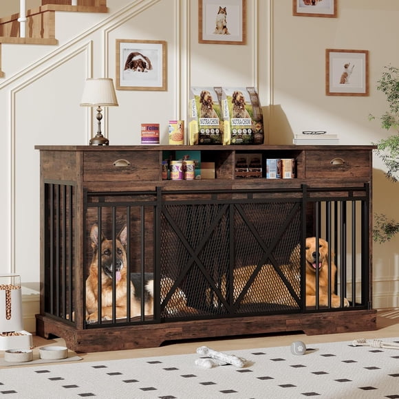 Double Dog Crate Furniture - 63 inch Large Dog Kennel Furniture with Divider and Sliding Doors - Heavy Duty Dog Kennel Furniture with Drawers and Shelves for Living Room - Retro Brown