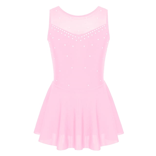 Oyolan Robe de Patinage Artistique en Maille Pailletée avec Strass pour Filles, une Pièce, Débardeur de Ballet, Justaucorps de Danse Rose 16