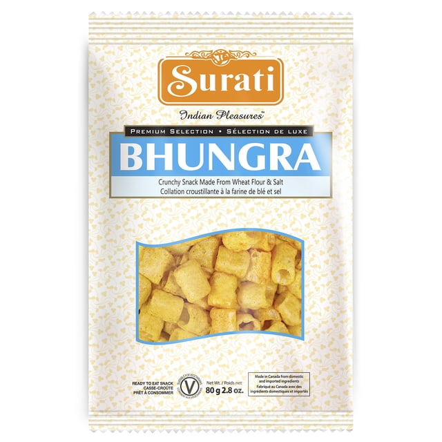 Surati Plain Bhungra, 80g, a light, crispy Indian snack made from wheat flour and salt, packaged in a cream and gold patterned bag with a clear window showing golden hollow tube-shaped crunchy pieces, suitable for tea-time or as a savory snack.