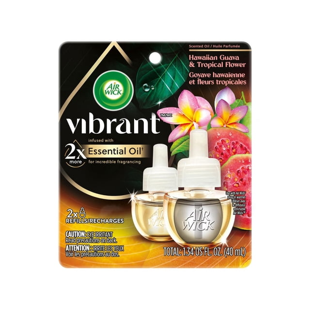 AIR WICK® Huile Parfumée - Recharge - 0+2 VibrantTM Goyave Hawaïenne et Fleur Tropicale 6/(2x20) ml Comprenant Deux Bouteilles de Recharge en Verre Transparent avec Capuchons Blancs sur Emballage Noir et orange Décorées de Fleurs Tropicales et de Goyave, Infusées d'Huiles Essentielles Doubles pour jusqu'à 60 Jours de Parfum Continu, Idéal pour une Utilisation dans les Salons, Salles de Bain, Chambres, Cuisines et Bureaux.