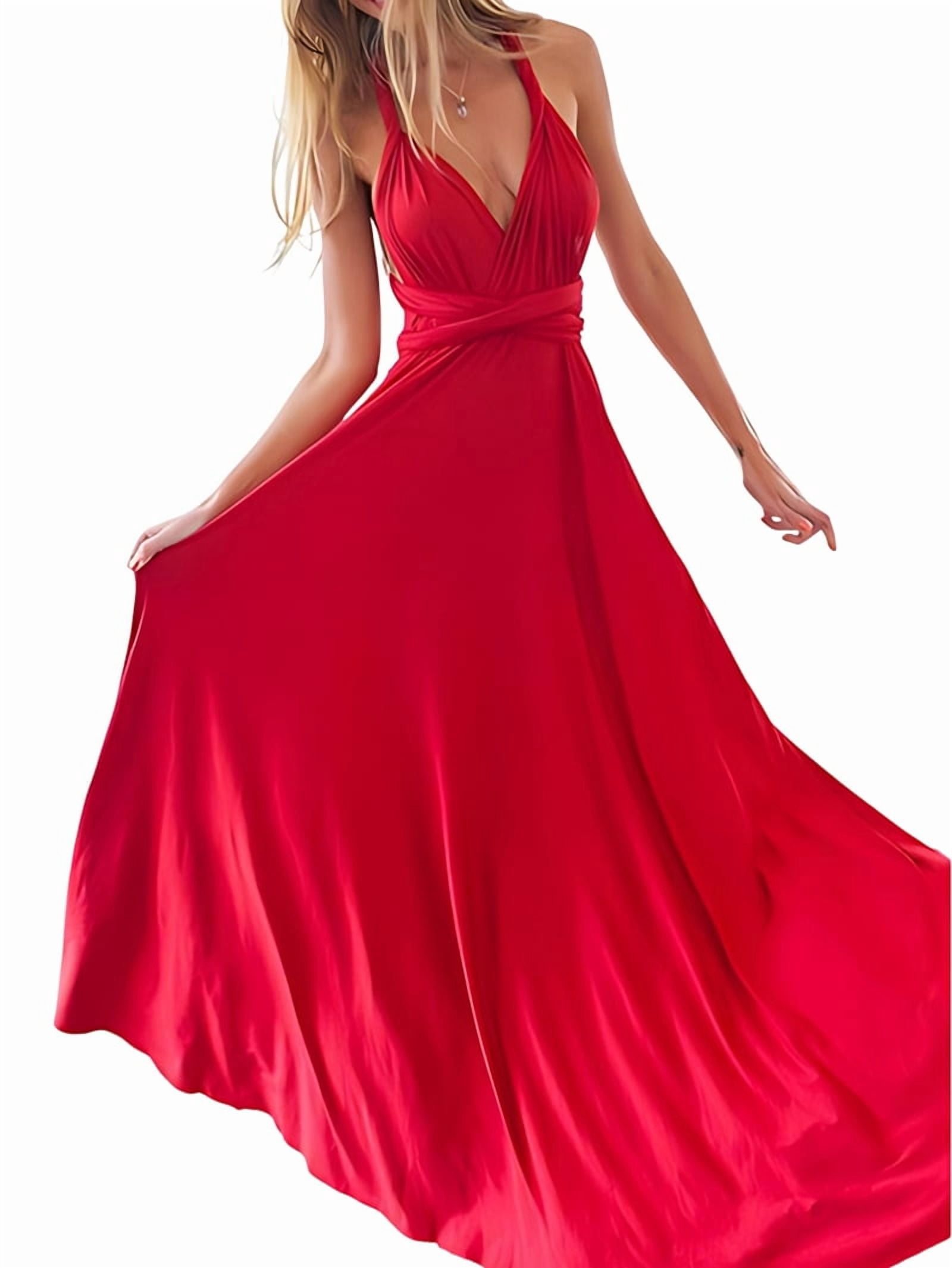 Women'S Multi-Wear Multi-Rope -Back Strap Dress Solid Color High Waist Sleeveless Maxi Dress Red L