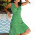 thumbnail image 2 of TSADFHJI Jupes en Satin pour Femmes Mini Robe Portefeuille Fleurie pour Femme à Col en V Robe Midi Évasée à Manches Courtes à Revers Robe Midi Multicolore à Encolure Dégagée Robes Mini L Vert, 2 of 8