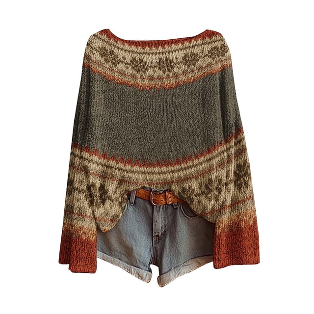 WTXUE Chandail Fair Isle pour Femmes Tricot Boho Chandails Rétro Hiver Automne Décontracté Ample Col Rond Manches Longues Léger Imprimé Artistique Vintage Chandail à Enfiler Hauts T-Shirts Basiques Hiver Chaud Couche Haut Rouge Brique S