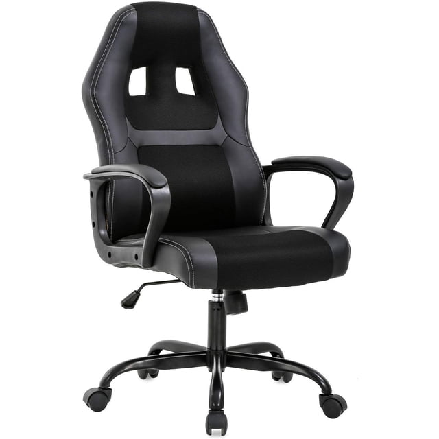 BestOffice Office Chair PC Cheap Ergonomic PU Leather Executive Lumbar Support for Women, Men, Black. Designed as a gaming chair with a black PU leather finish, breathable mesh back, and padded seat for comfort. Features ergonomic lumbar support, adjustable height, and swivel functionality. Ideal for office, study, or gaming setups.