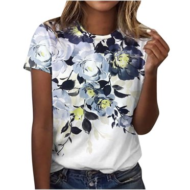 T-Shirt Décontracté à Manches Courtes Imprimé Floral Col Rond pour Femmes