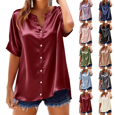 Ashirexll Womens Casual Tops, Fashion Short Sleeve V-Neck Button Shirts Pullover Blouse