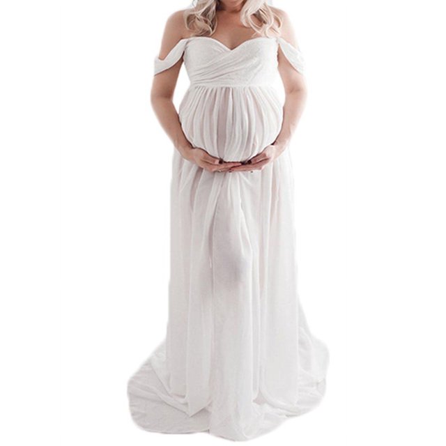 Julyccc Pregnants Front Split Off Shoulder Maxi Maternity Dress For Photography in a solid white color. The dress features an off-shoulder design, sleeveless cut, and a front split, made of soft polyester fabric. It is styled for maternity photography, showcasing a flowing and elegant silhouette.