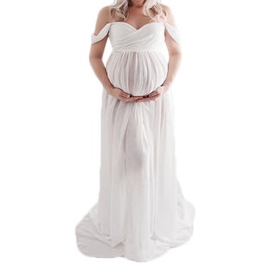 Julyccc Robe Maxi de Maternité à Épaules Dénudées avec Fente avant pour Séance Photo