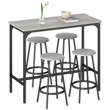 HOMCOM 5-Piece Bar Table and Chairs Set for Dining Room, Grey
