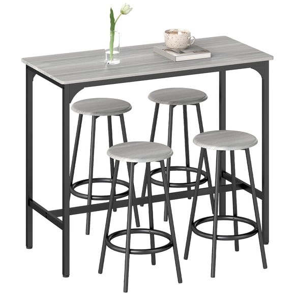 HOMCOM 5-Piece Bar Table and Chairs Set for Dining Room, Grey