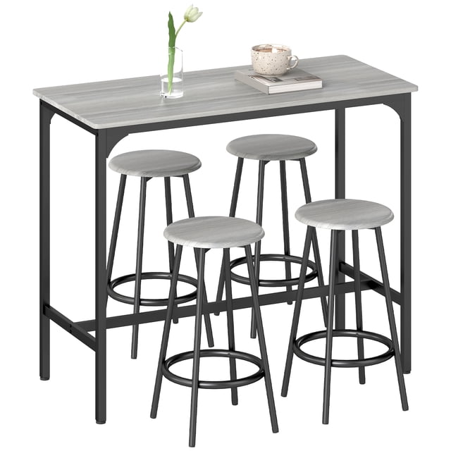 HOMCOM Ensemble de 5 Pcs Table de Bar et Chaises pour Salle à Manger en Gris, Comprenant un Plateau Rectangulaire en MDF avec une Finition Effet grain de Bois et un Cadre Métallique Noir Robuste. Comprend Quatre Tabourets Ronds avec des Sièges Assortis en MDF Gris et des Pieds en Métal Noirs. les Tabourets Peuvent Être Rentrés sous la Table pour Économiser de l'Espace, Ce Qui en Fait Idéal pour les Petits Espaces de Salle à Manger. des Patins de Pieds Ajustables Offrent de la Stabilité et Protégent les Planchers contre les Égratignures.