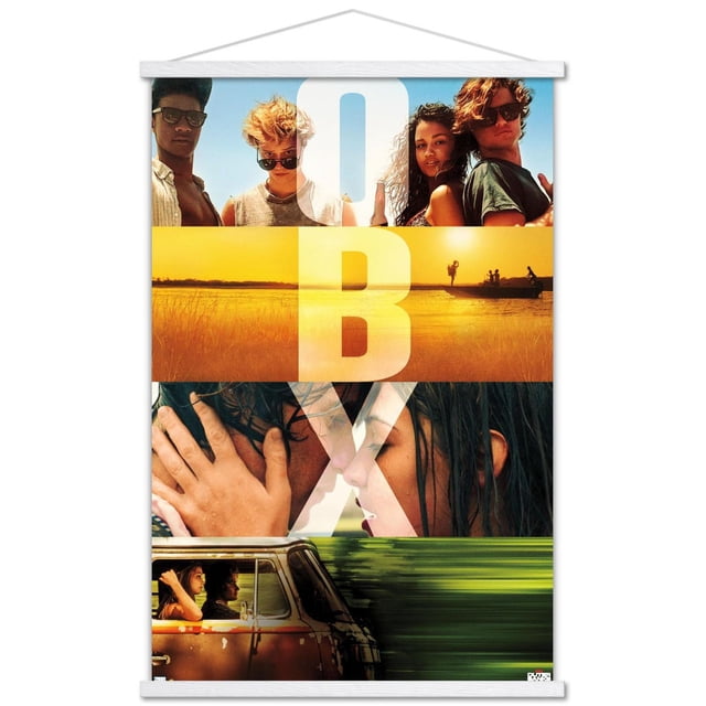 Netflix Outer Banks - OBX Wall Poster, 22.375" x 34" featuring a collage of scenes including four young adults under a blue sky, a golden sunset over marshland with a boat and figures, a close-up of two people about to kiss, and a vintage brown van driving past green foliage, with large white letters O, B, and X overlaying the images, suitable for decorating bedrooms, living rooms, or dorms.