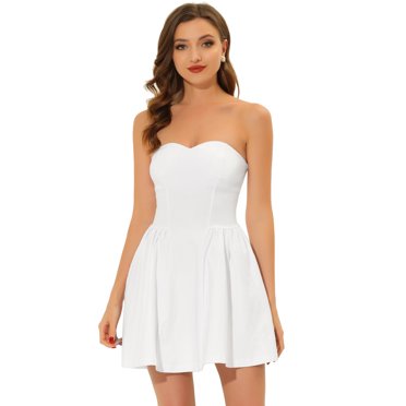 INSPIRE CHIC Robe pour Femme Décolleté Cœur Sans Bretelles Fermeture Éclair Apparente Mini Robe Évasée m Blanc